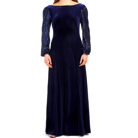 Tahari Puff Sleeve Sequined Navy Evening Gown - Size 4 - Picture 1 of 10